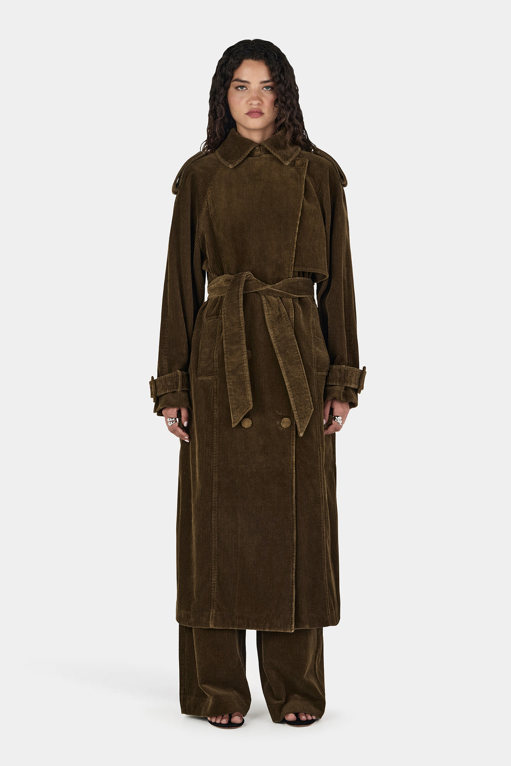 Flynn Cord Trench Coat Khaki | Women's Trench Coat | Hansen and
