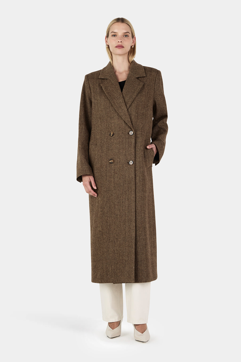 Herringbone Coat Brown Coat Wool Reiss Les Deux Wool-Blend Long