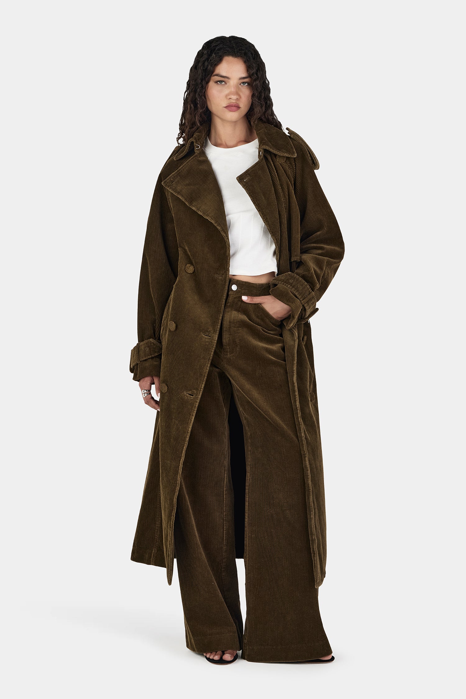 Flynn Cord Trench Coat Khaki | Women's Trench Coat | Hansen and
