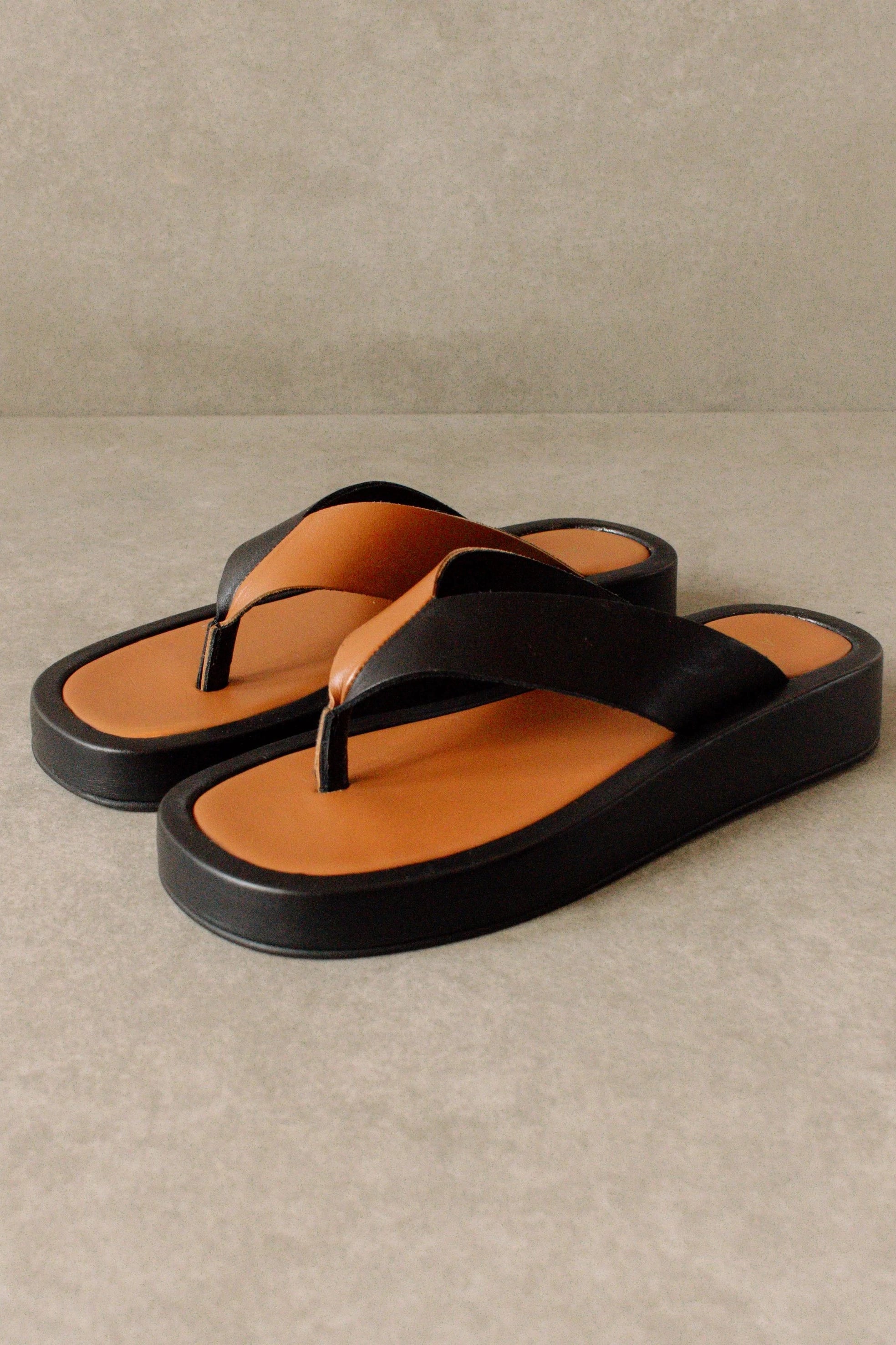 Tan flip flops with black sale straps
